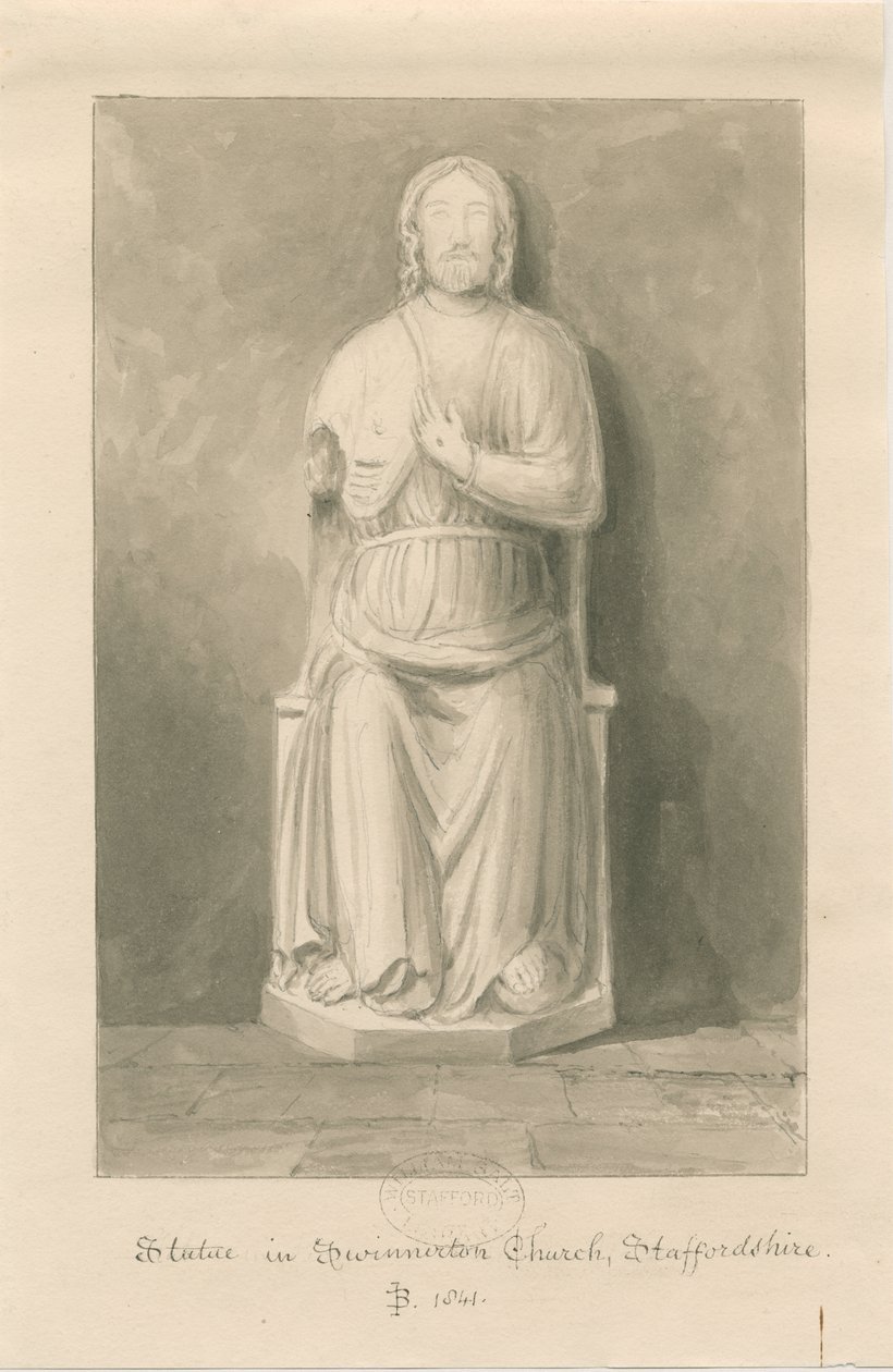 Igreja Swynnerton - Estátua de Jesus Cristo: desenho de sepia wash de John Buckler
