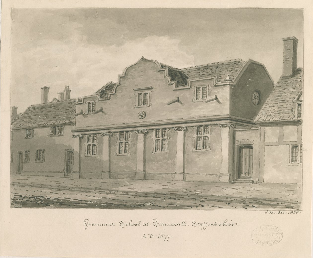 Tamworth - Grammar School: desenho em sépia, 1838 de John Buckler