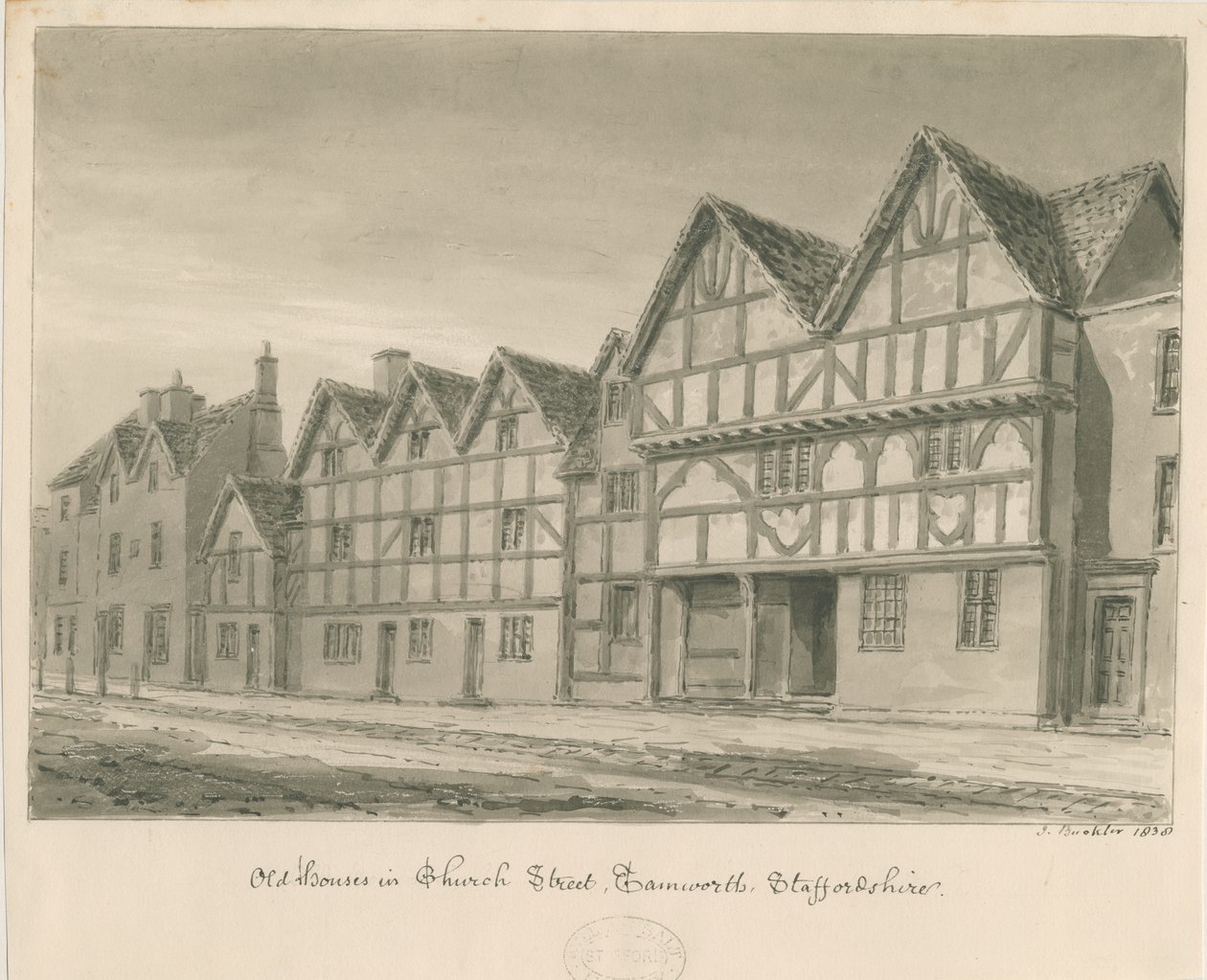 Tamworth - Old Houses in Church Street: desenho em sépia, 1838 de John Buckler