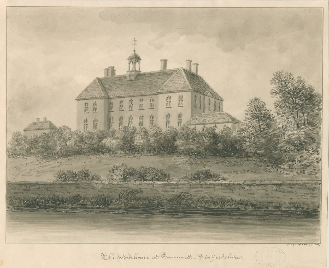 Tamworth - The Workhouse: desenho sépia, 1838 de John Buckler