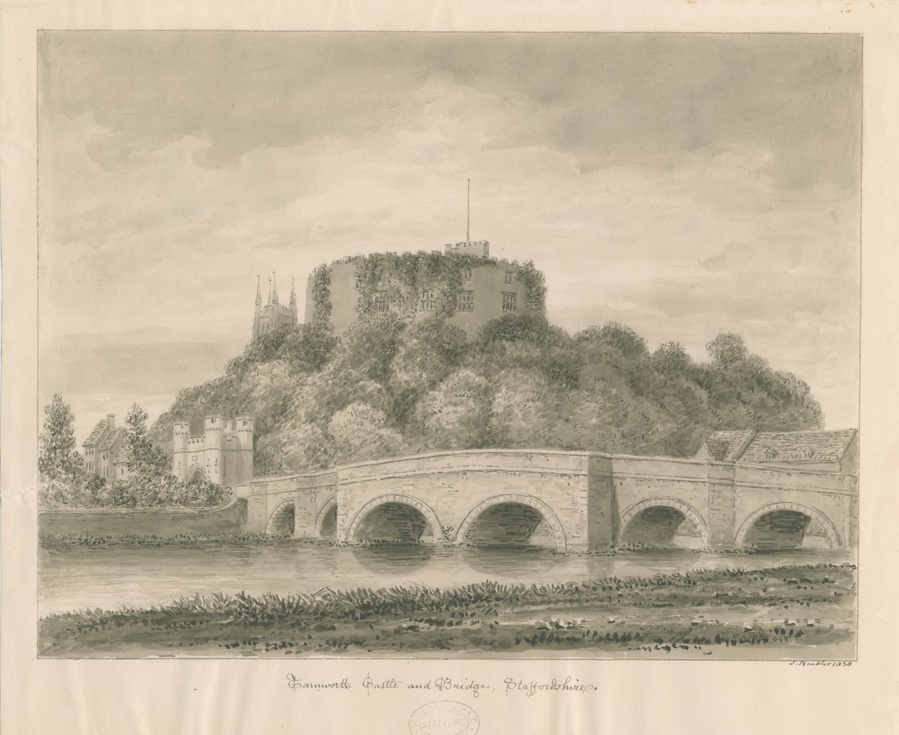 Castelo e ponte de Tamworth: desenho em sépia de John Buckler