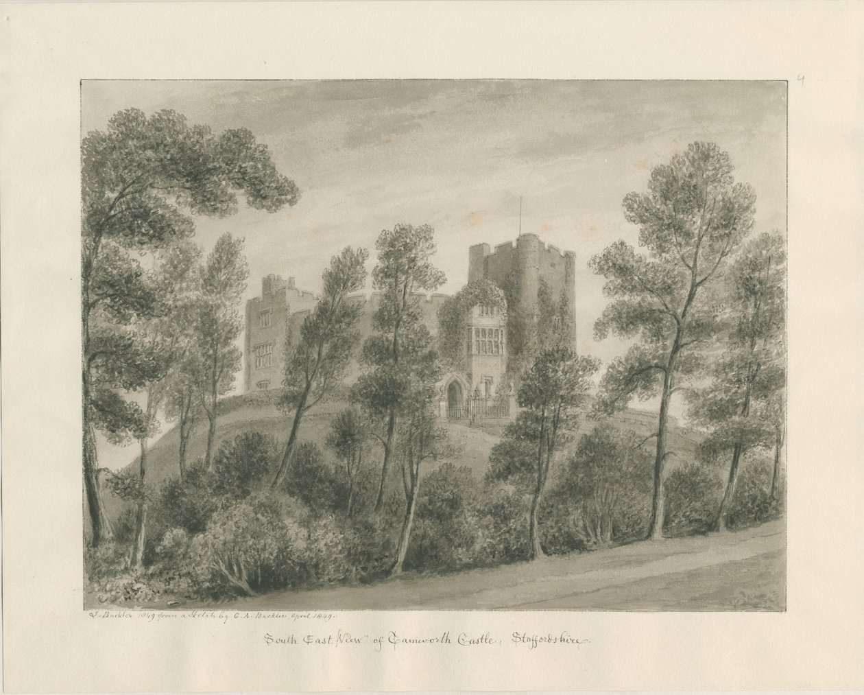 Castelo de Tamworth: desenho em sépia, abril de 1849 (desenho) de John Buckler