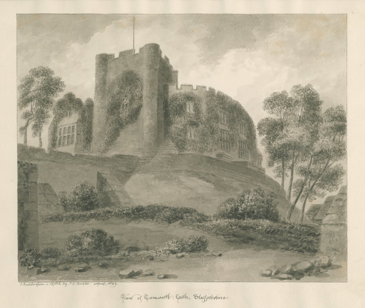 Castelo de Tamworth: desenho em sépia, abr 1849 de John Buckler