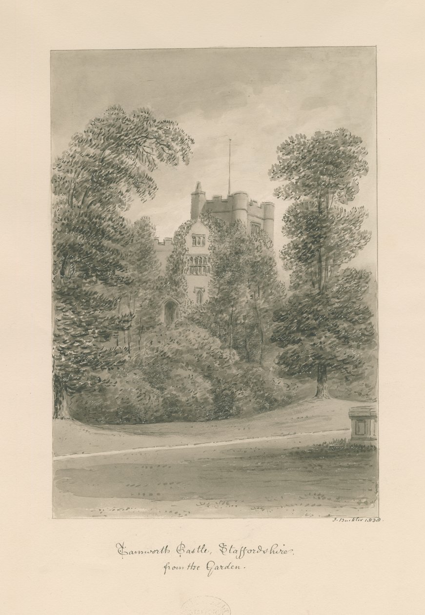 Castelo Tamworth: desenho de lavagem sépia de John Buckler