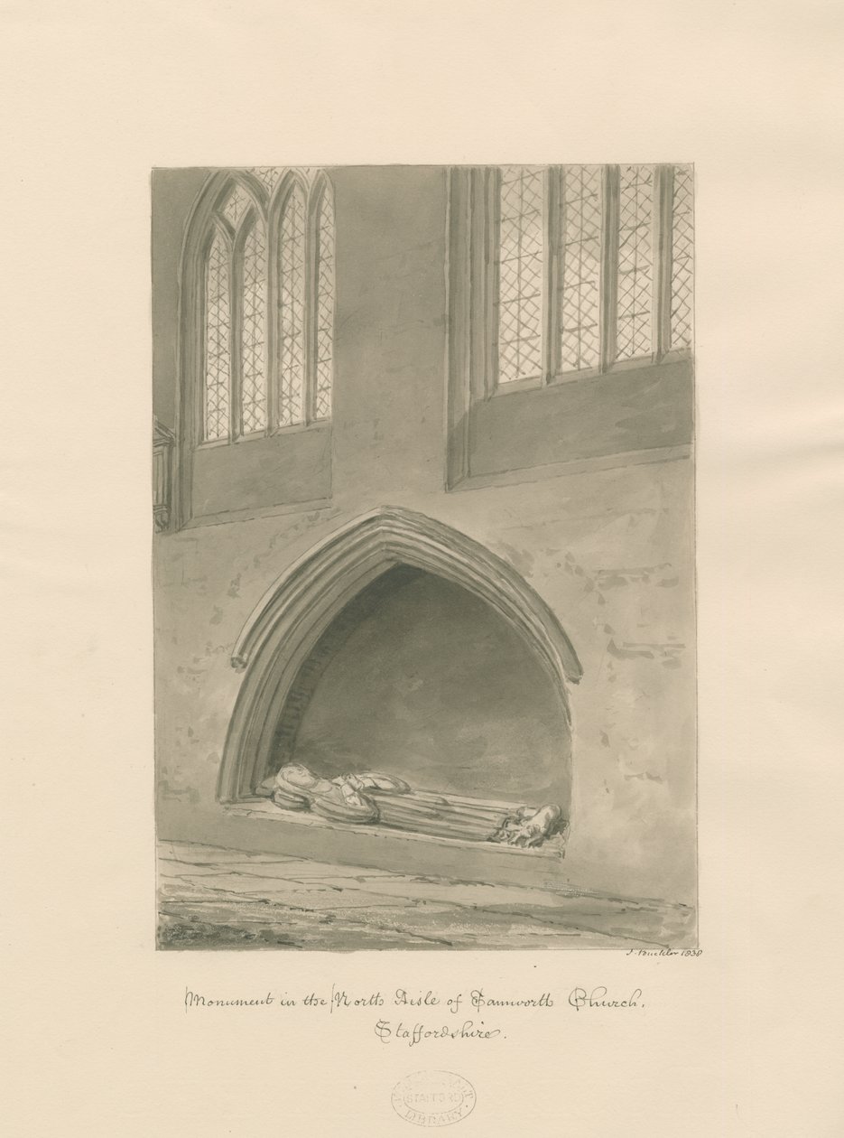 Igreja Tamworth - Monumento do padre: desenho sépia de John Buckler
