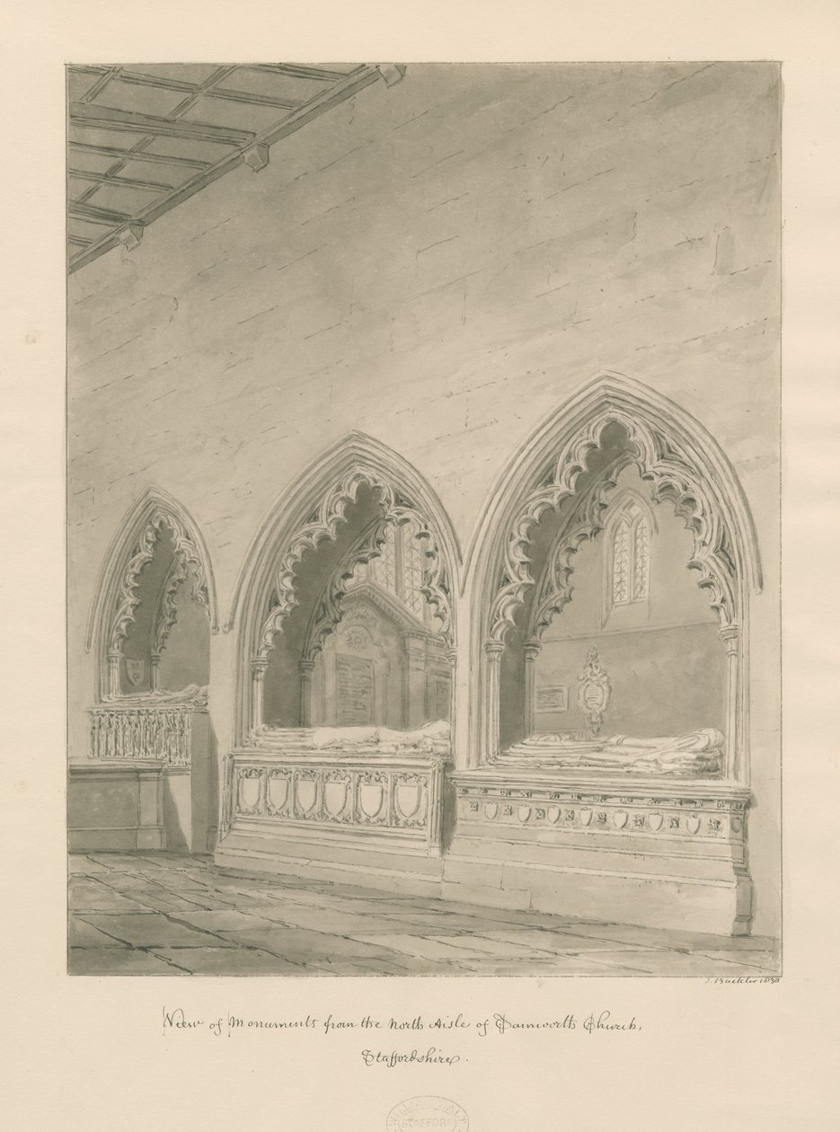 Igreja Tamworth - Monumentos: desenho sépia de John Buckler