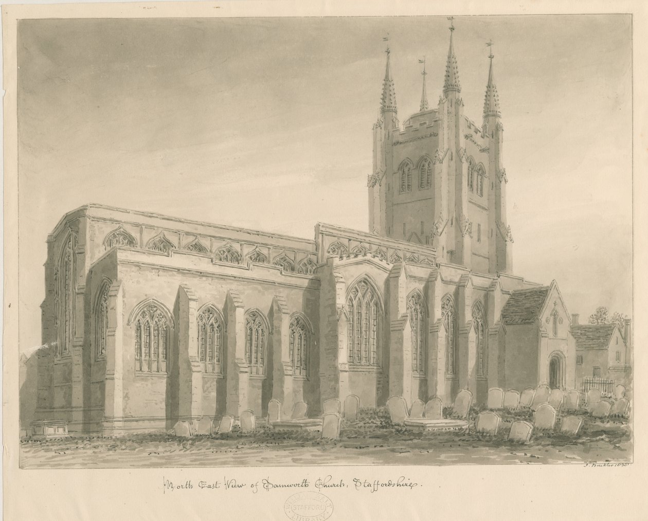 Igreja de Tamworth: desenho em sépia de John Buckler
