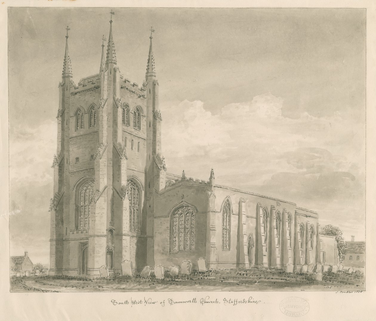 Igreja de Tamworth: desenho em sépia de John Buckler