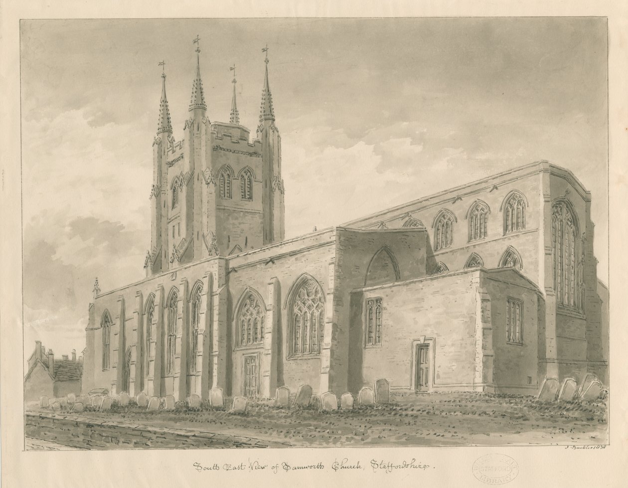 Igreja Tamworth: desenho de lavagem sépia de John Buckler
