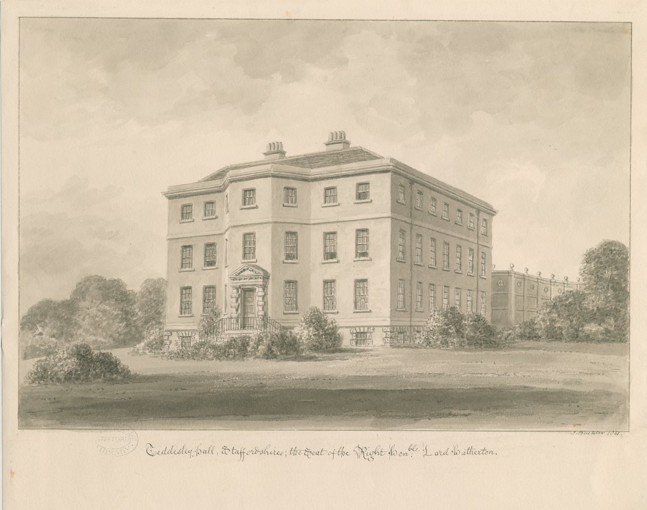 Teddesley Hall: desenho em sépia, 1841 de John Buckler