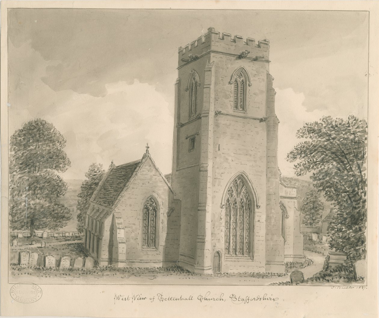 Igreja de Tettenhall: desenho em sépia, 1837 de John Buckler