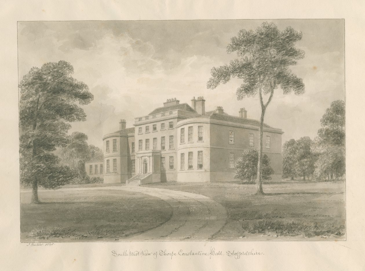 Thorpe Constantine Hall: desenho em sépia, 1848 de John Buckler