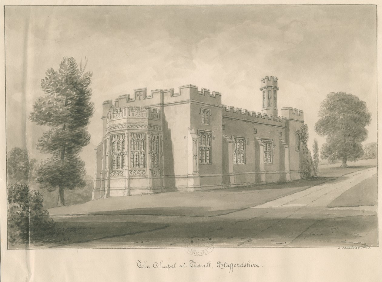 Tixall - Capela no Tixall Hall: desenho em sépia de John Buckler