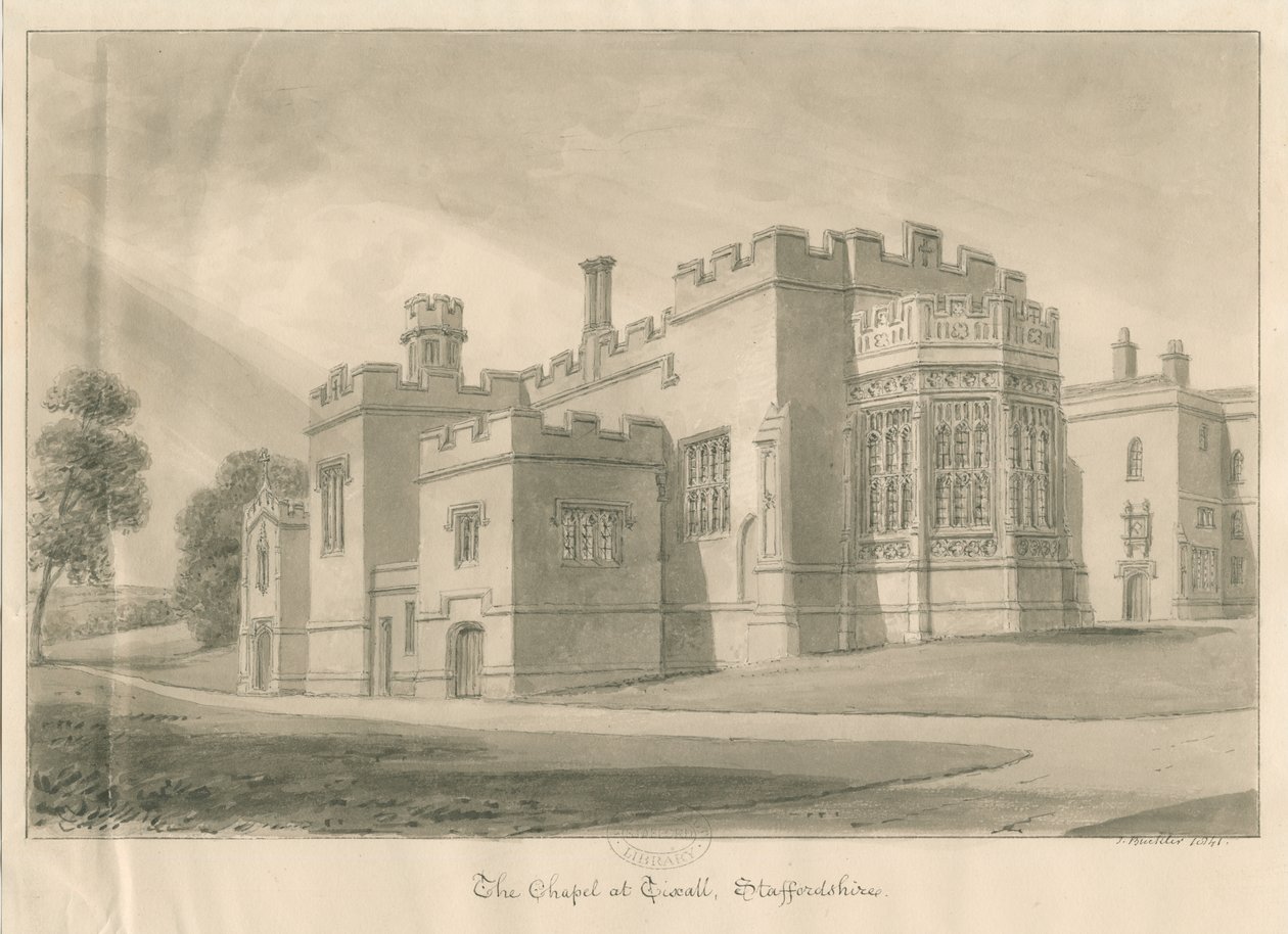 Tixall - Capela em Tixall Hall: desenho em sépia, 1841 de John Buckler