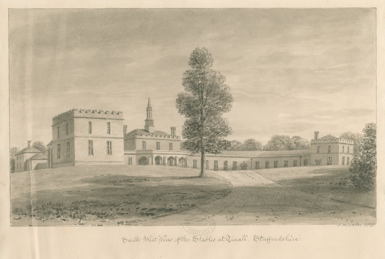 Tixall Hall - Estábulos: desenho sépia, 1841 de John Buckler