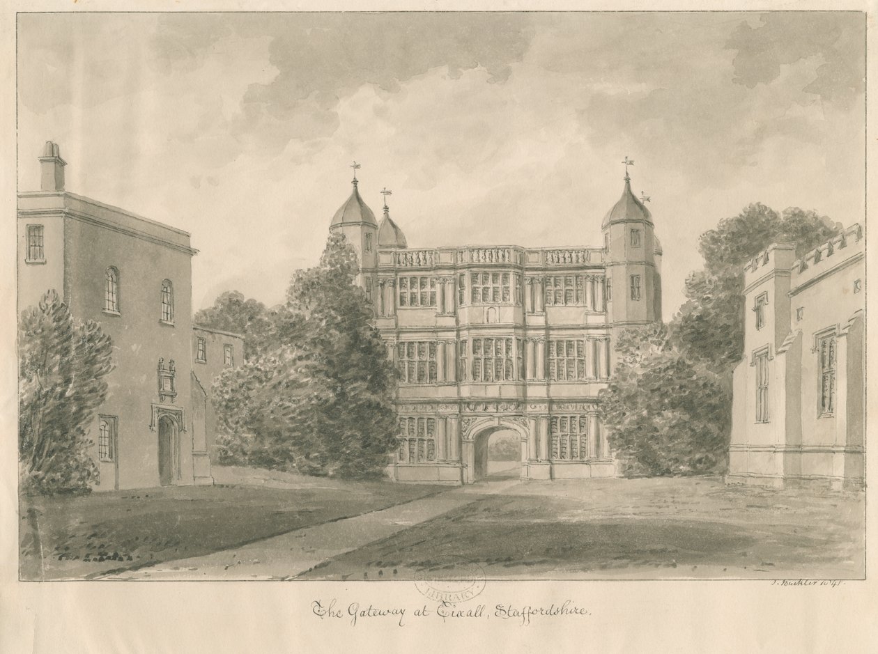Tixall Hall and Gatehouse: desenho sépia, 1841 de John Buckler