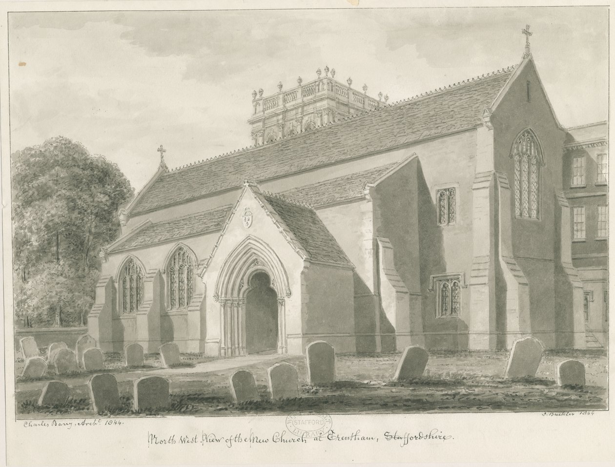 Trentham - Nova Igreja: desenho em sépia, 1844 de John Buckler