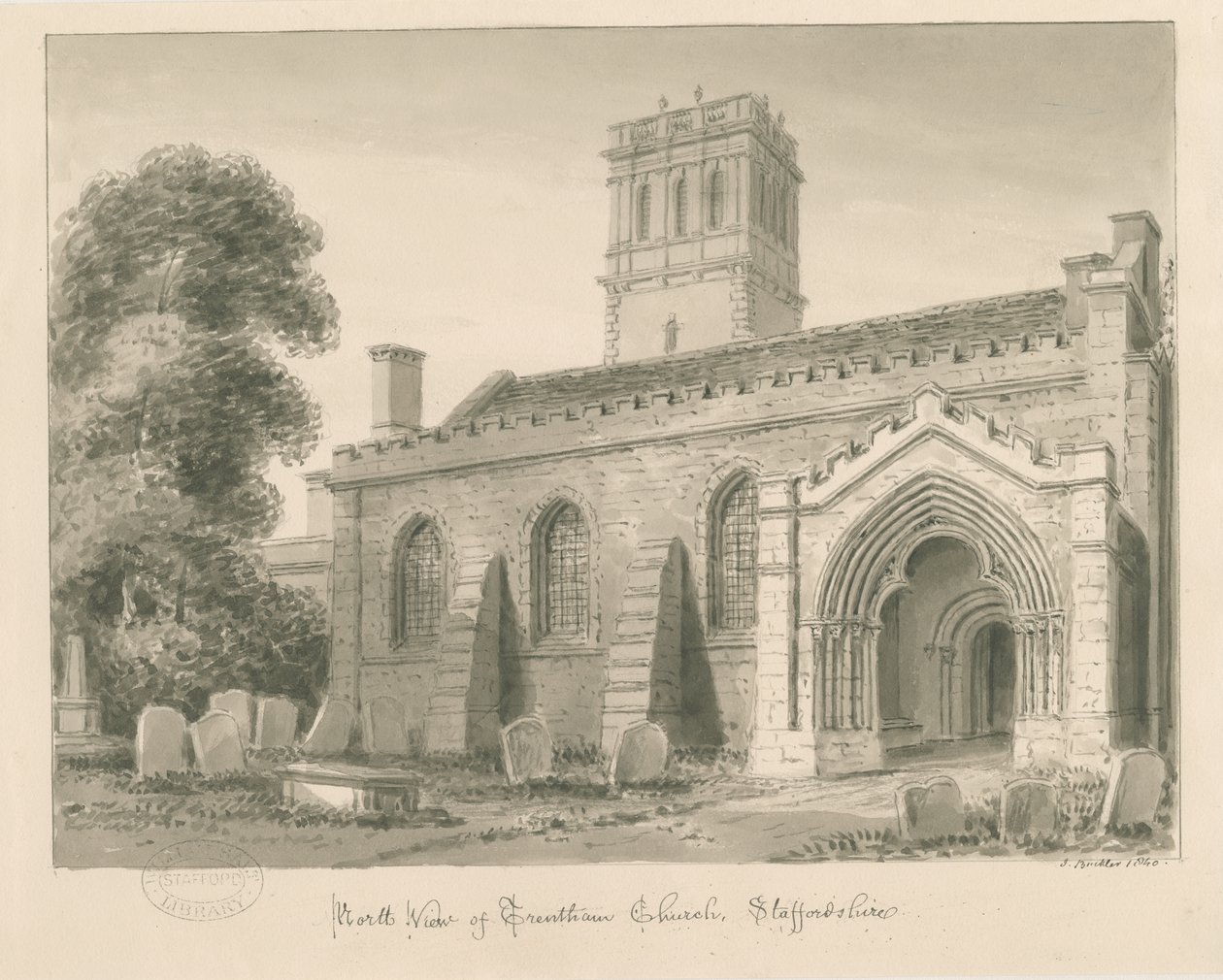 Igreja de Trentham: desenho em sépia, 1840 de John Buckler