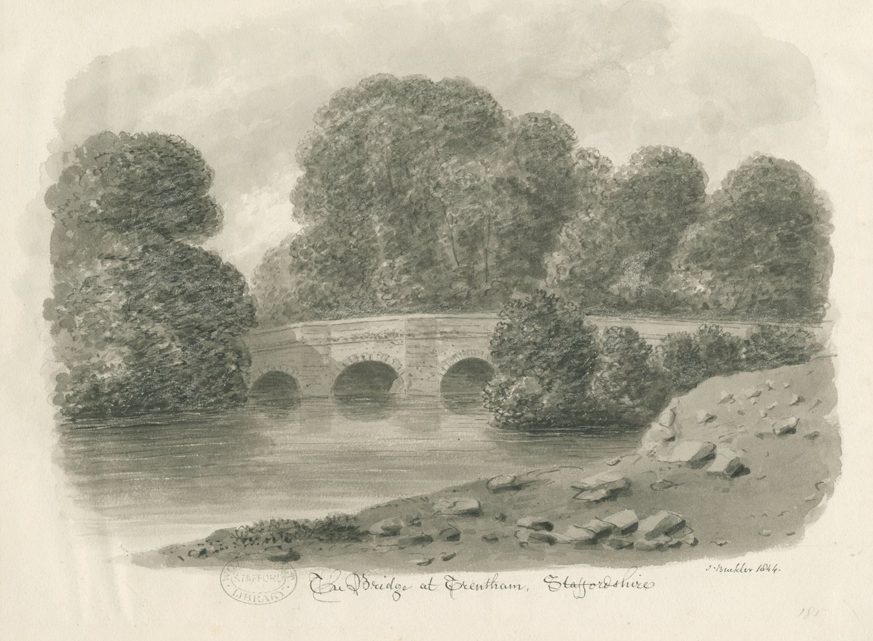 Trentham Hall - Bridge: desenho em sépia, 1844 de John Buckler