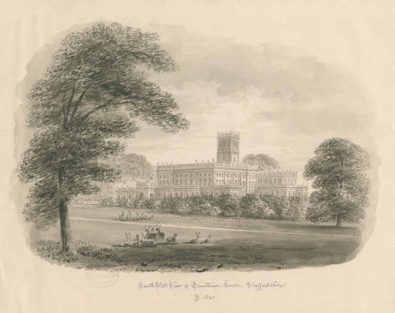 Trentham Hall: desenho em sépia, 1840 de John Buckler