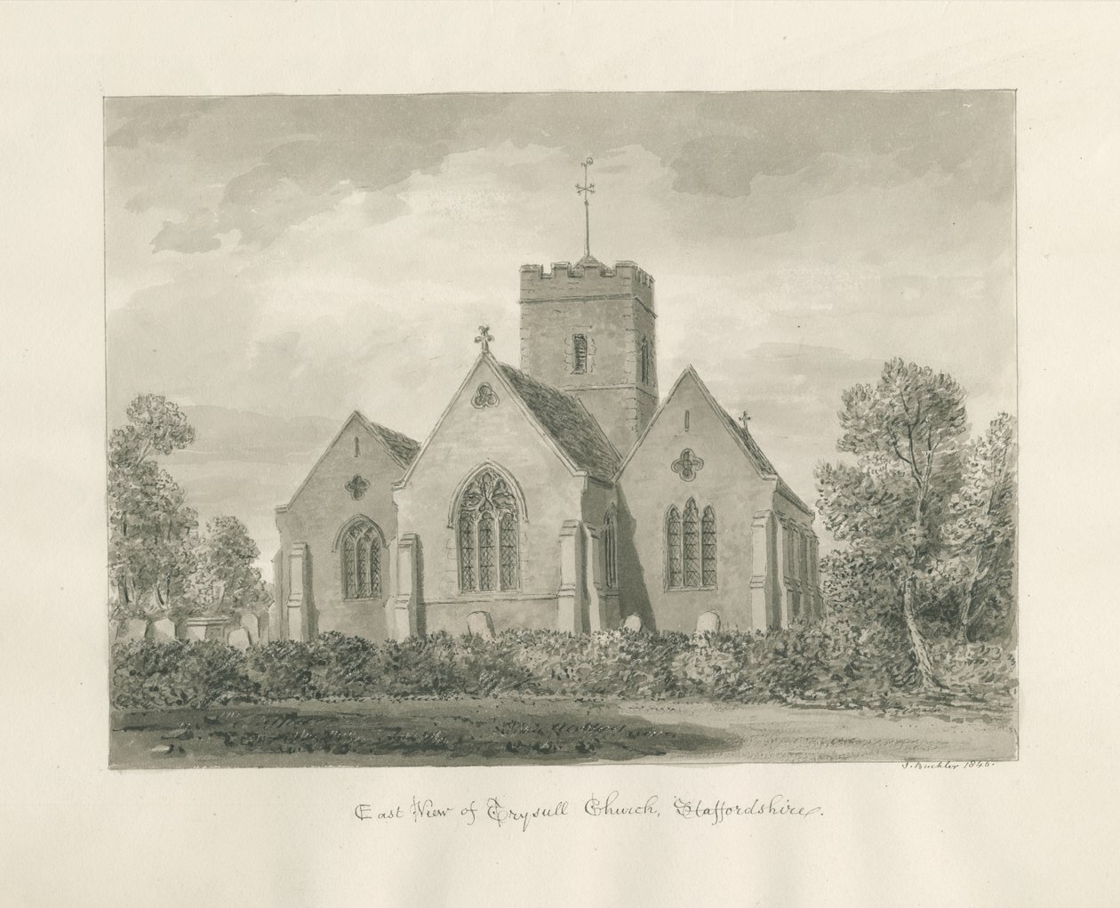 Igreja de Trysull: desenho em sépia, 1846 de John Buckler