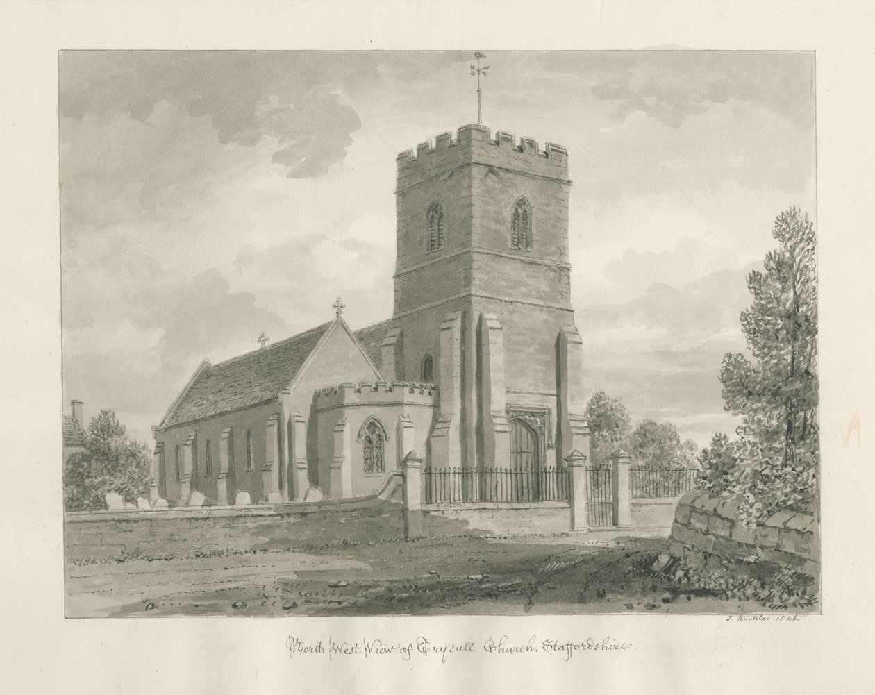 Igreja de Trysull: desenho em sépia, 1846 de John Buckler