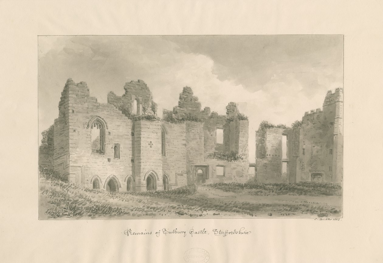 Castelo de Tutbury - Restos do pátio interno: desenho em sépia, 1812 de John Buckler