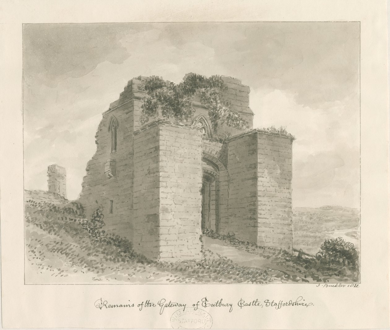 Castelo de Tutbury - Restos do Portal: desenho lavado em sépia de John Buckler