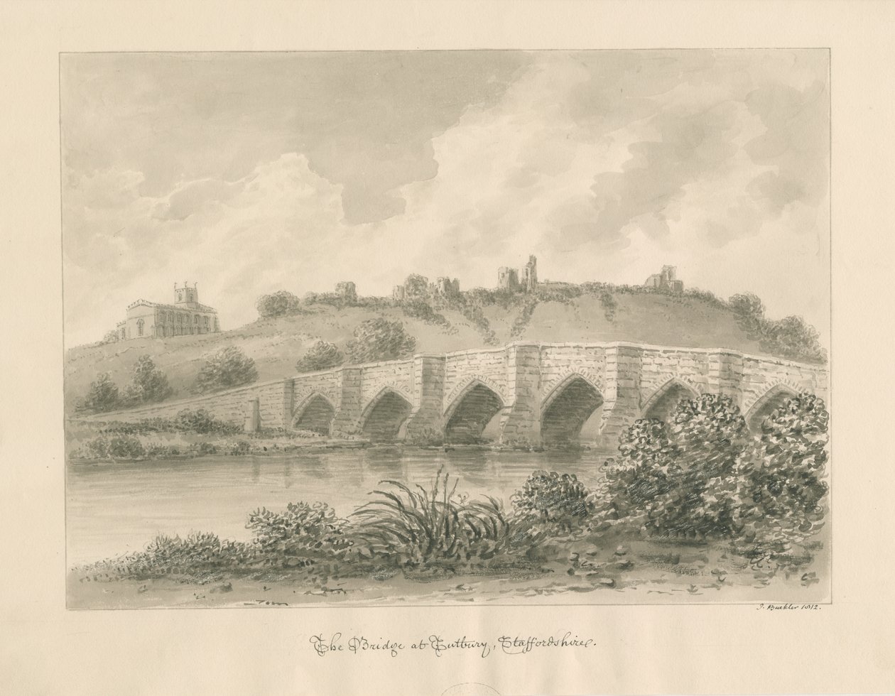Castelo de Tutbury, Igreja e Ponte: desenho de lavagem sépia de John Buckler