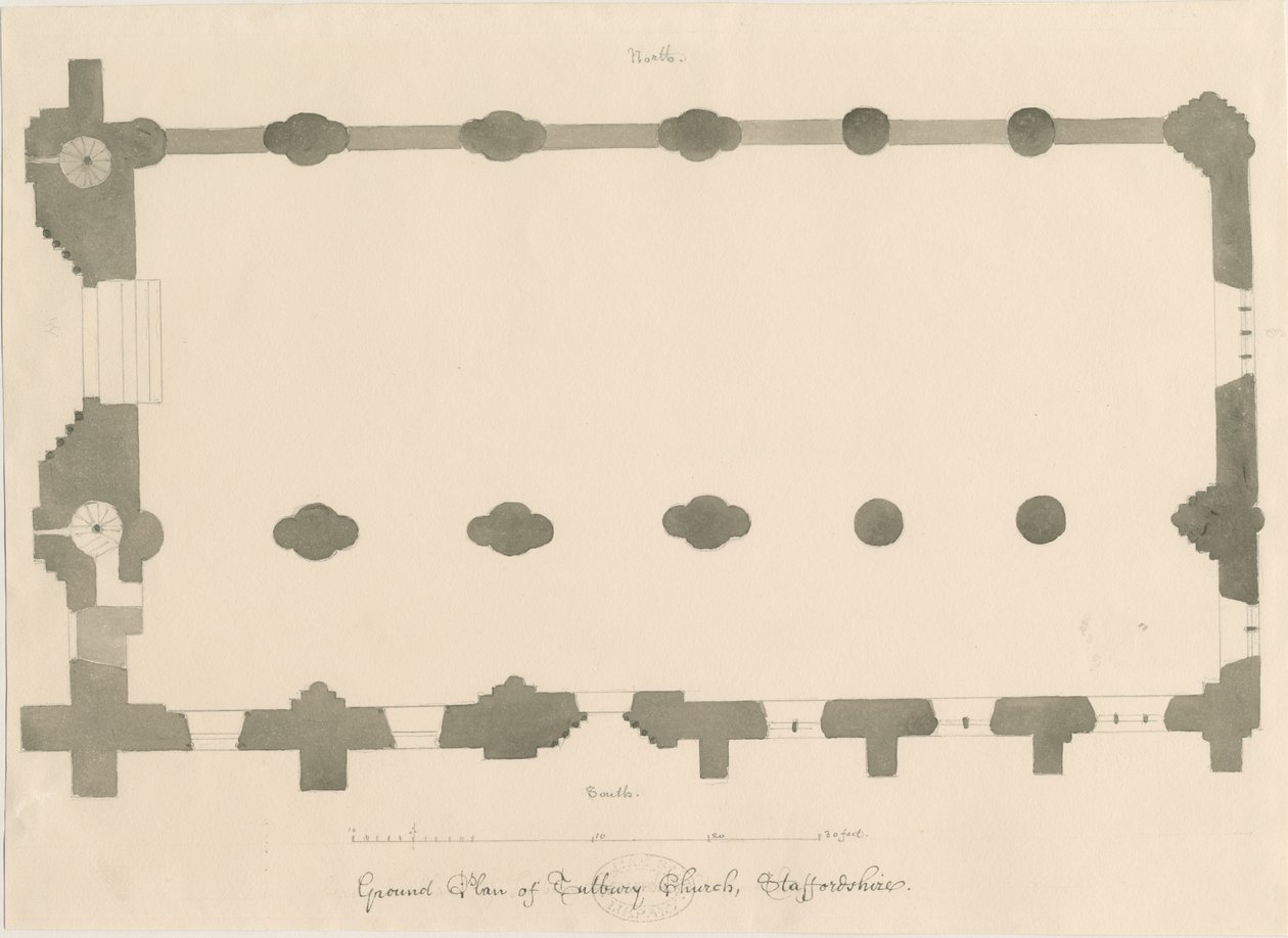 Igreja do Priorado de Tutbury - Plano: desenho a lápis e sépia, nd [?1812] (desenho) de John Buckler