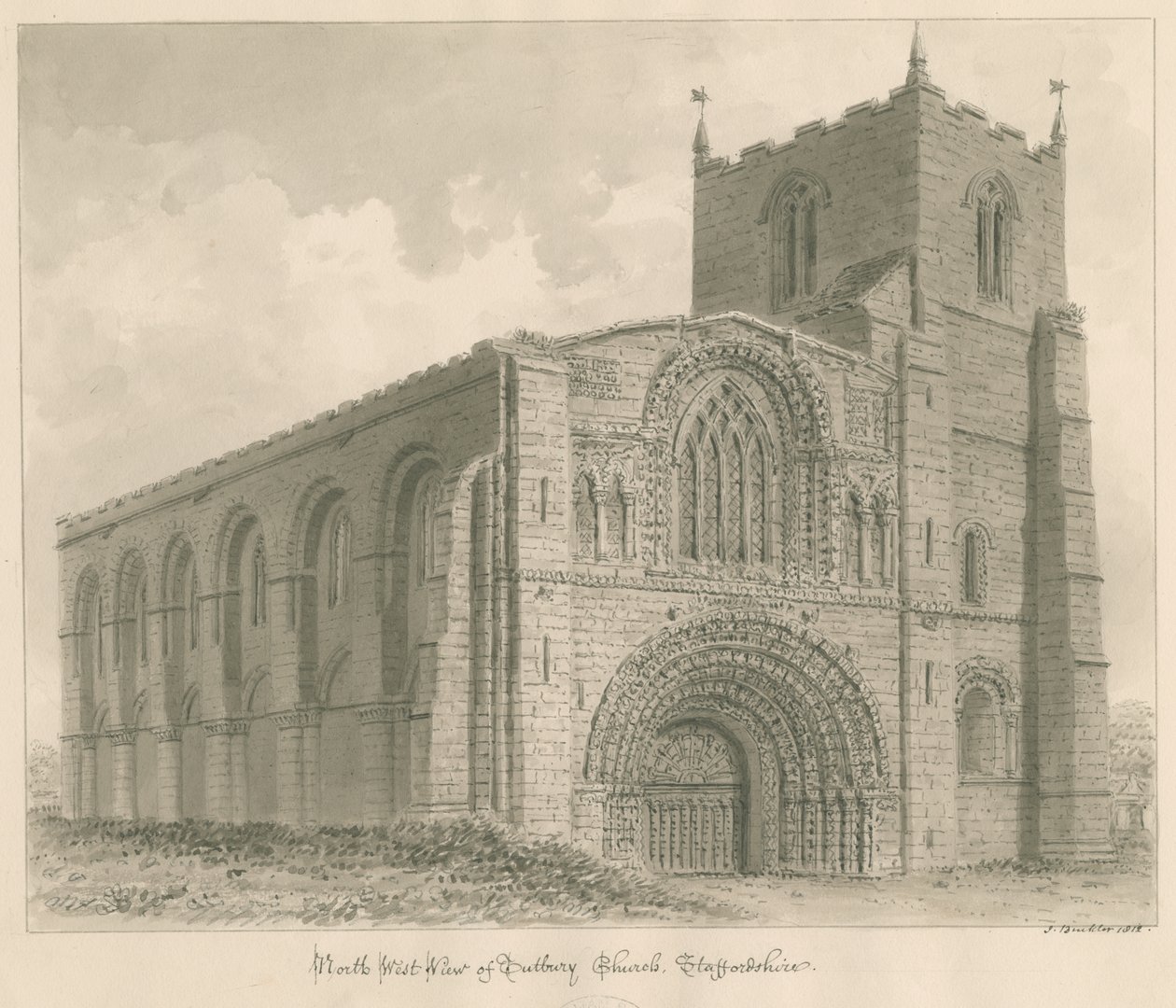 Igreja do Priorado de Tutbury: desenho sépia de John Buckler