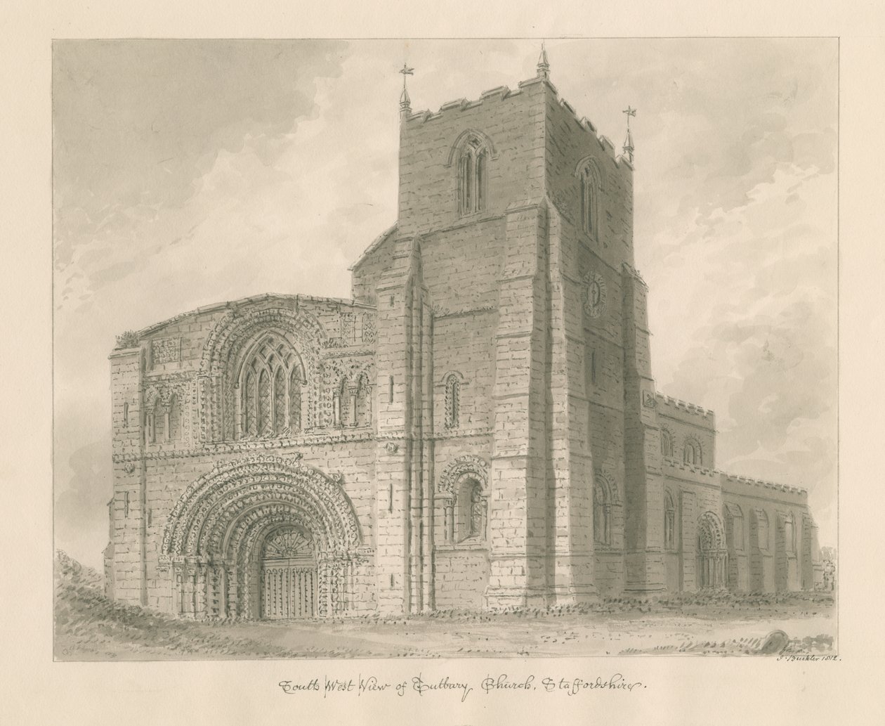 Igreja do Priorado de Tutbury: desenho em sépia de John Buckler