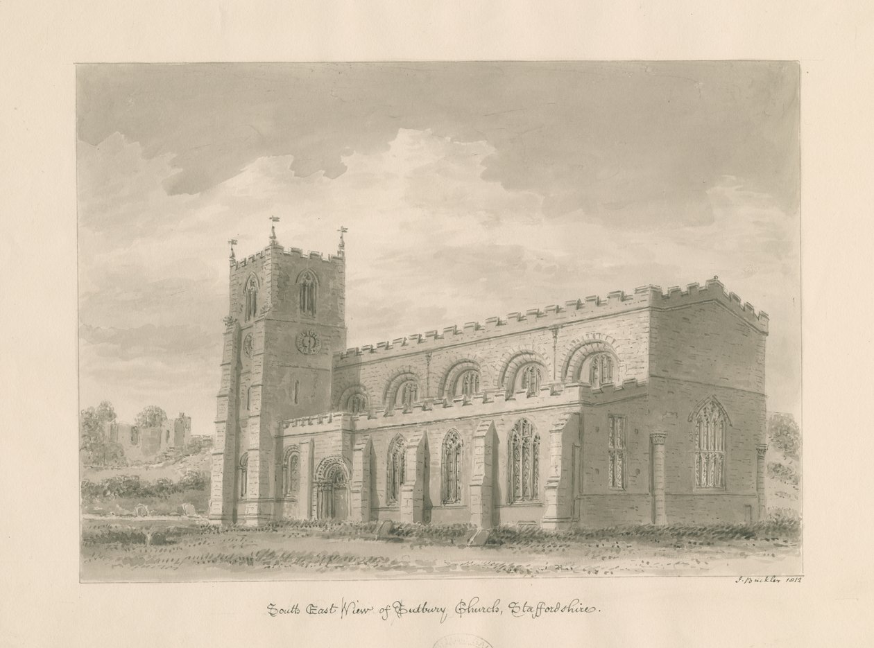 Igreja de Tutbury Priory: desenho em sépia, 1812 de John Buckler