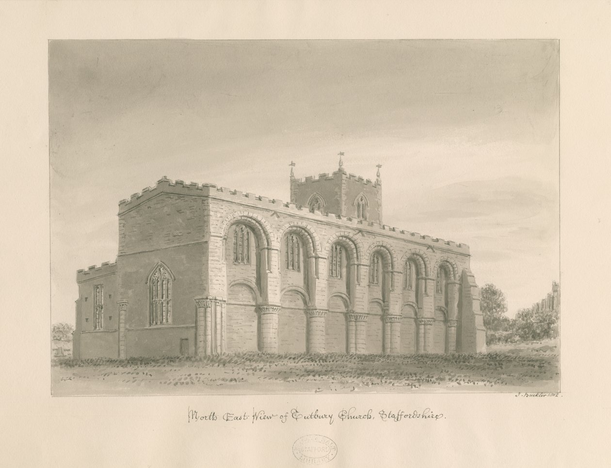 Igreja do Priorado de Tutbury: desenho em sépia, 1812 de John Buckler