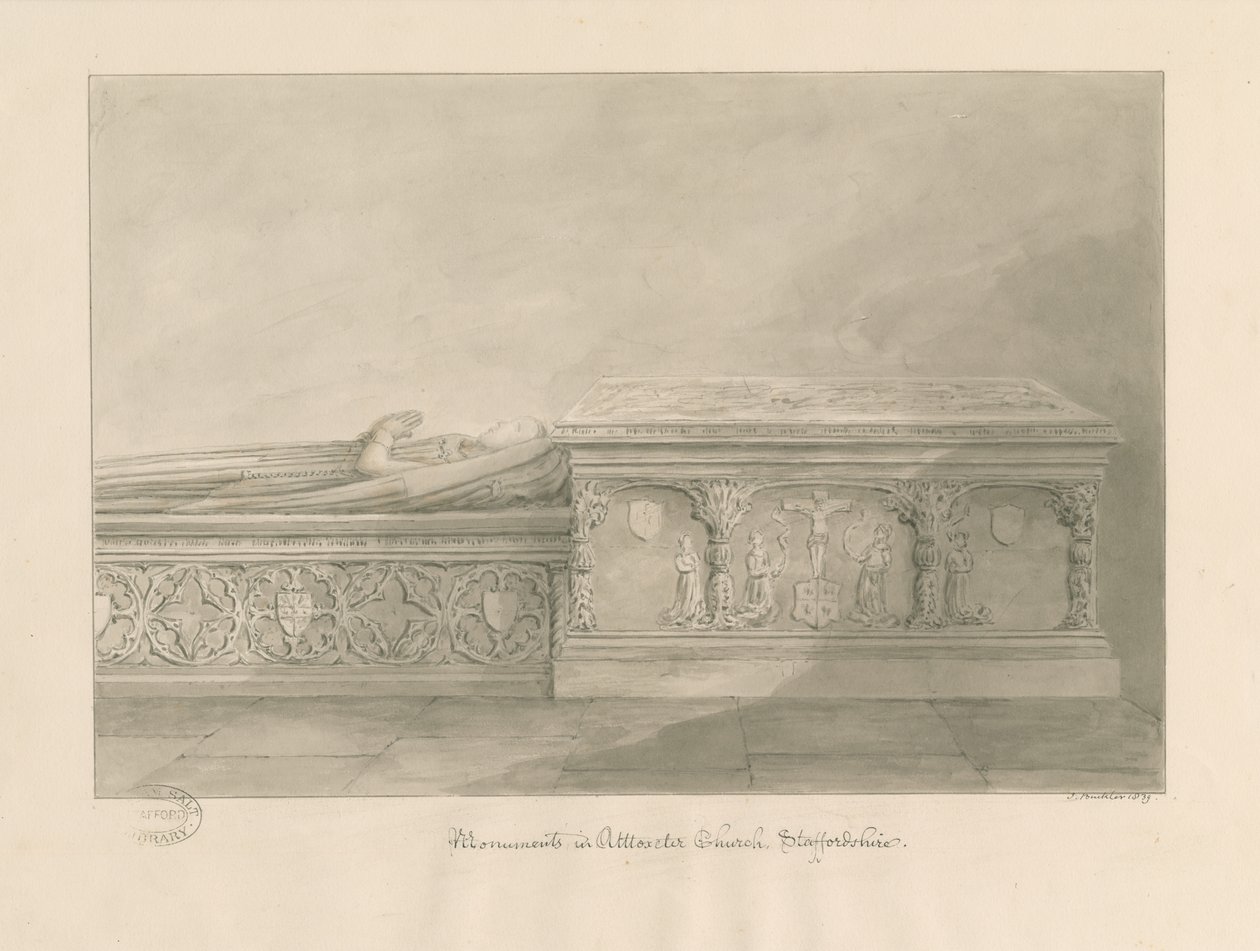 Igreja Uttoxeter - Tumbas de Thomas Kinnersley e de uma mulher: desenho em sépia de John Buckler