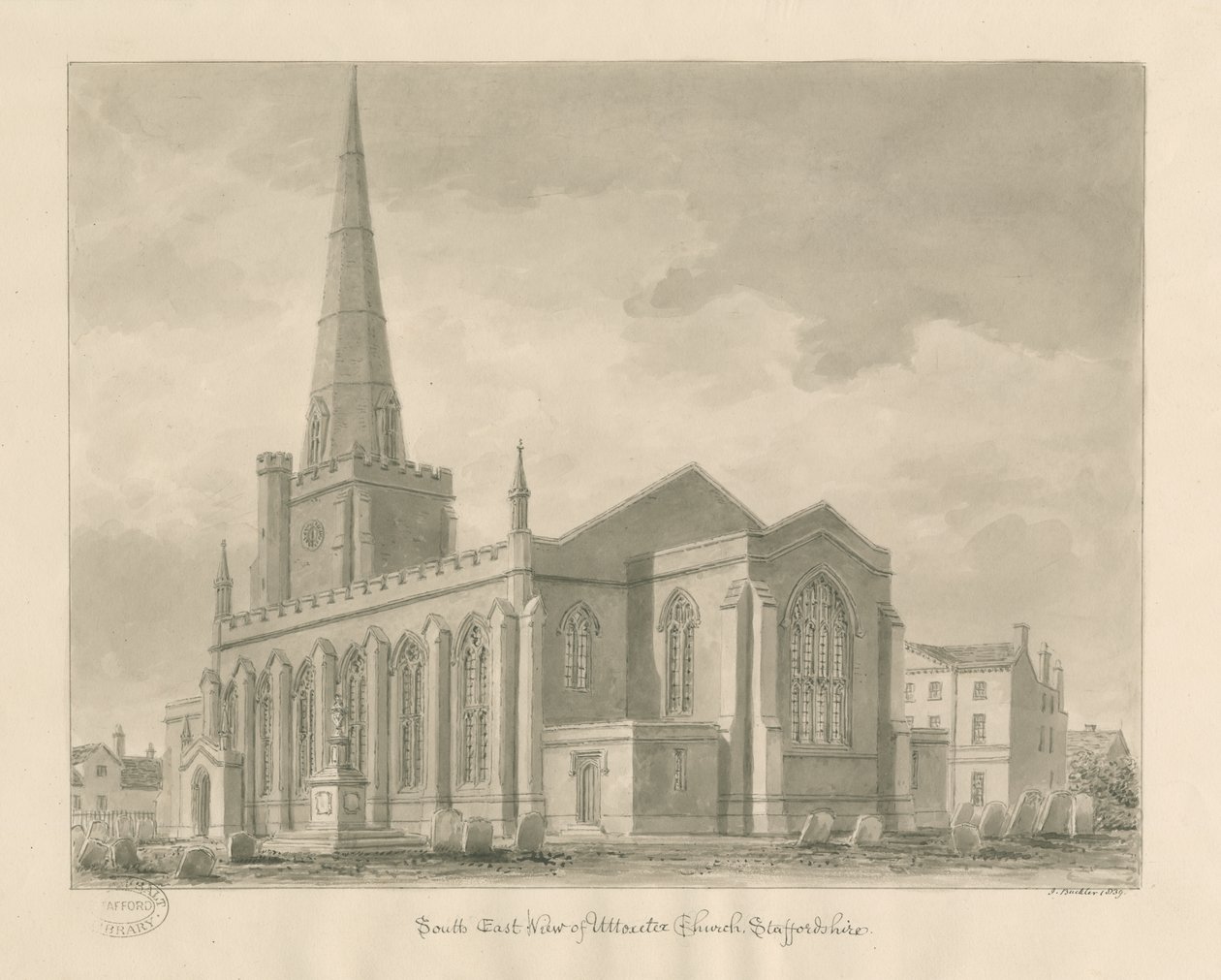 Igreja Uttoxeter [Nova]: desenho em sépia de John Buckler