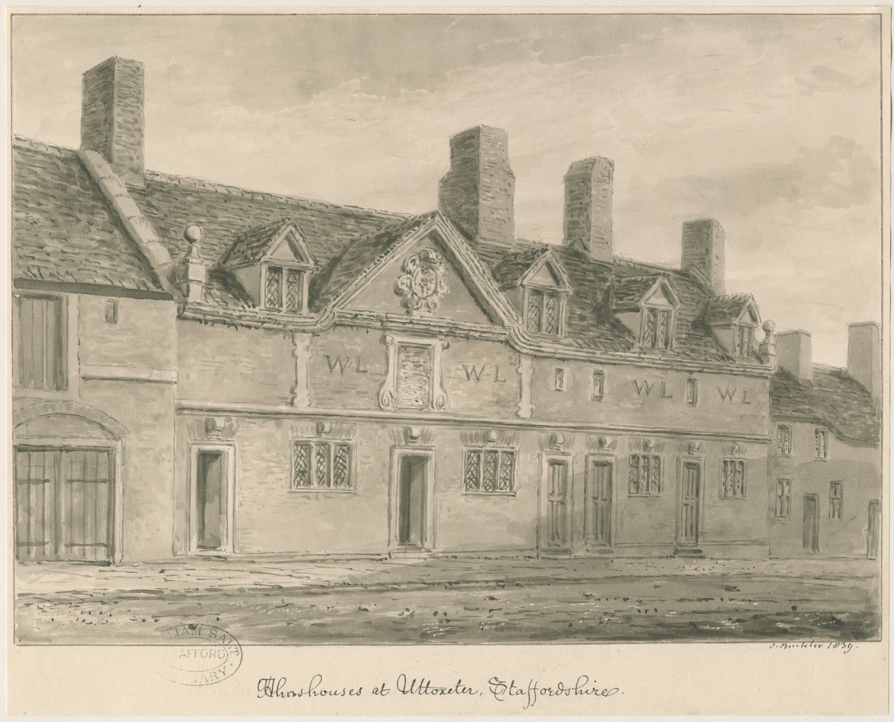 Cidade de Uttoxeter - Almshouses: desenho em sépia, 1839 de John Buckler