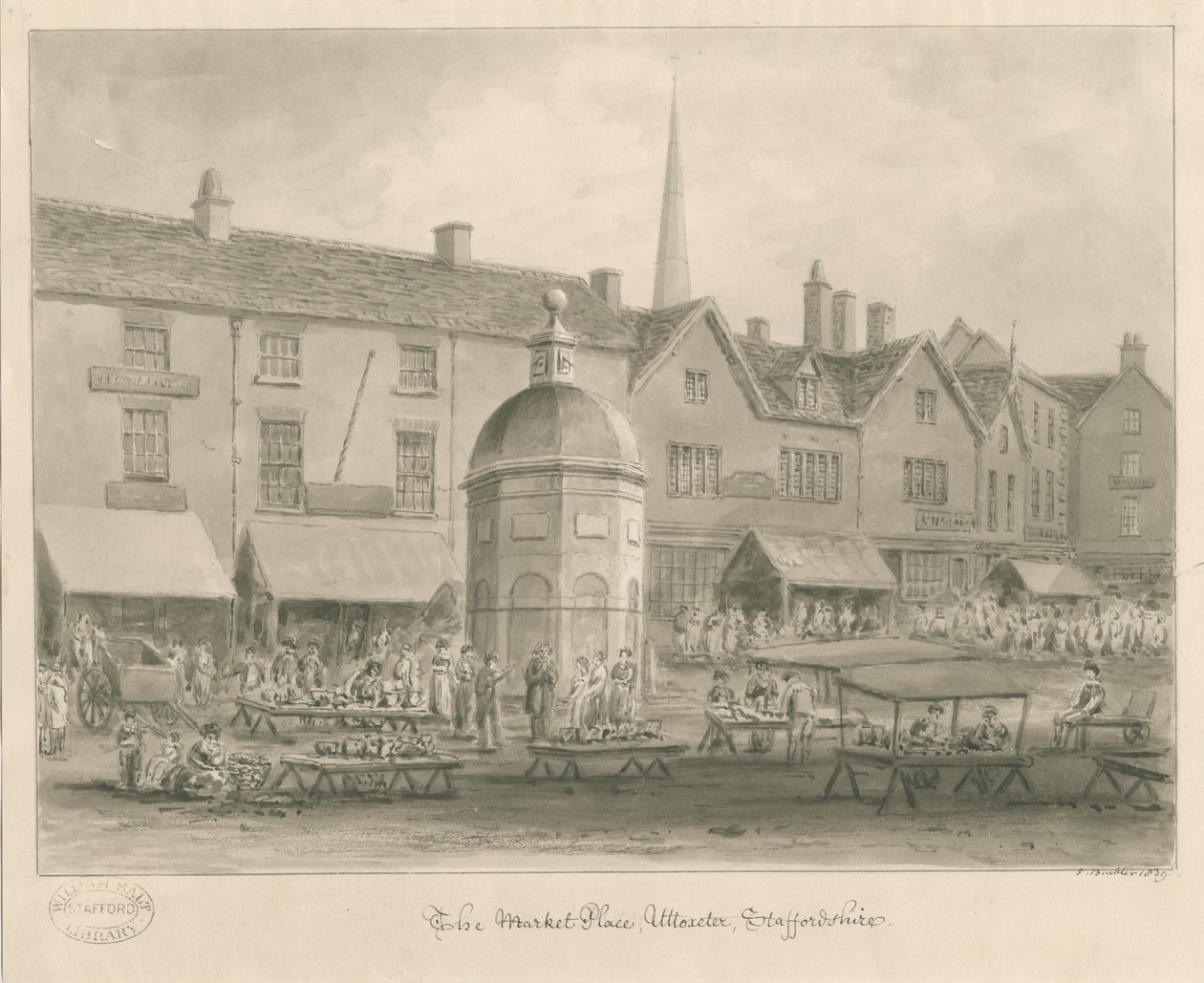 Cidade Uttoxeter - Mercado: desenho de lavagem sépia de John Buckler