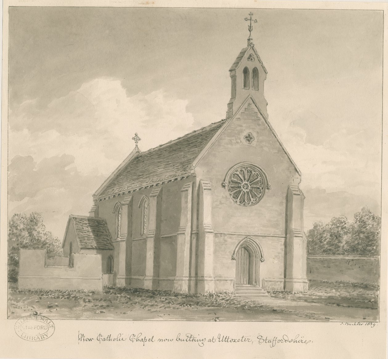 Uttoxeter Town - Nova Capela Católica: desenho em sépia de John Buckler