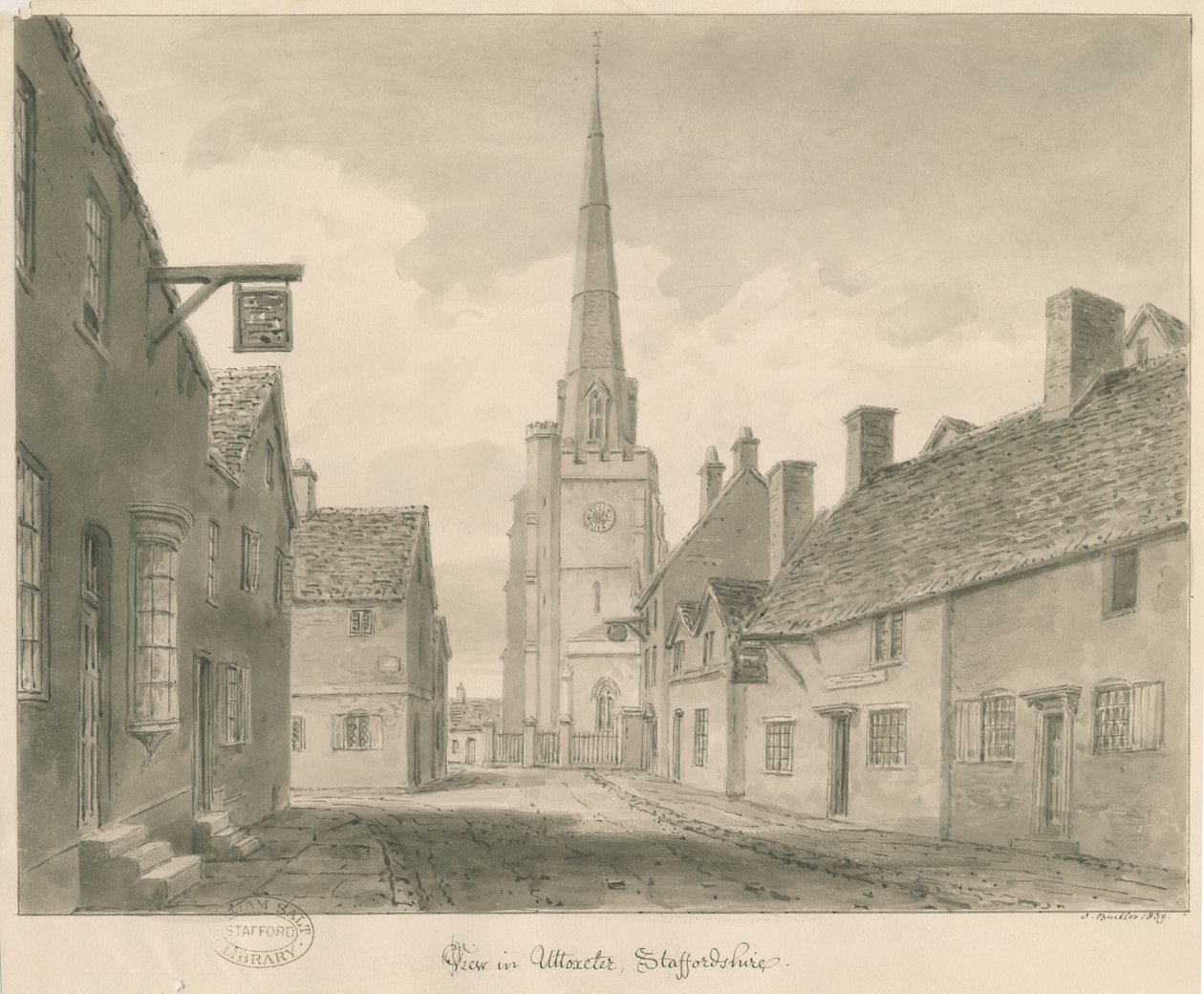 Uttoxeter Town - Vista de Rua: desenho sépia de John Buckler
