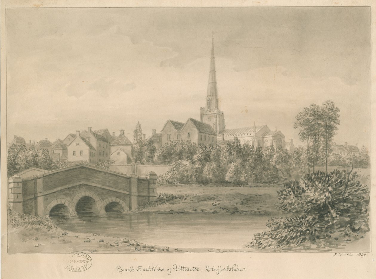 Uttoxeter Town: desenho em sépia, 1839 de John Buckler