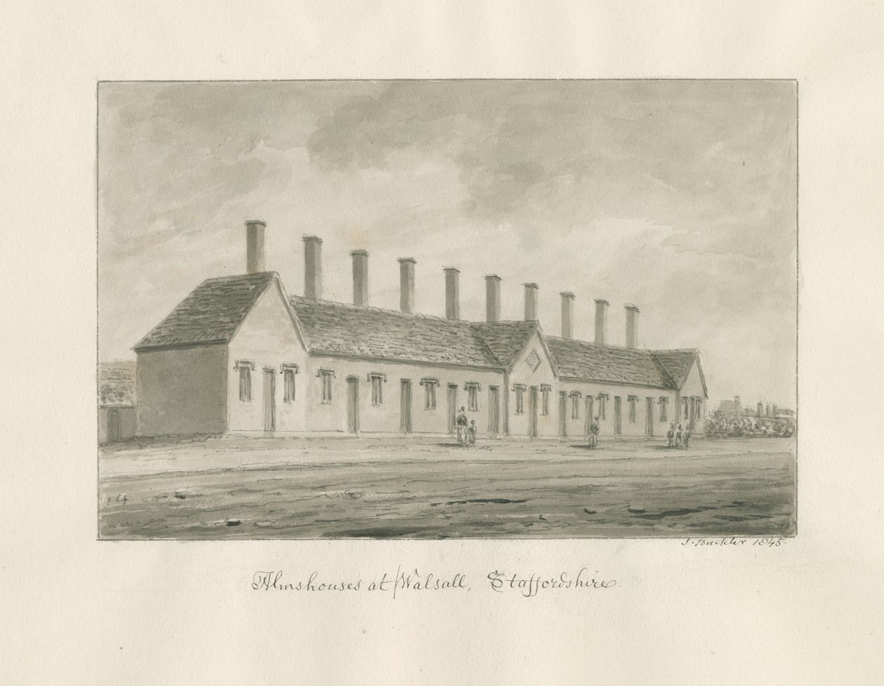 Walsall - Almshouses: desenho de lavagem sépia de John Buckler