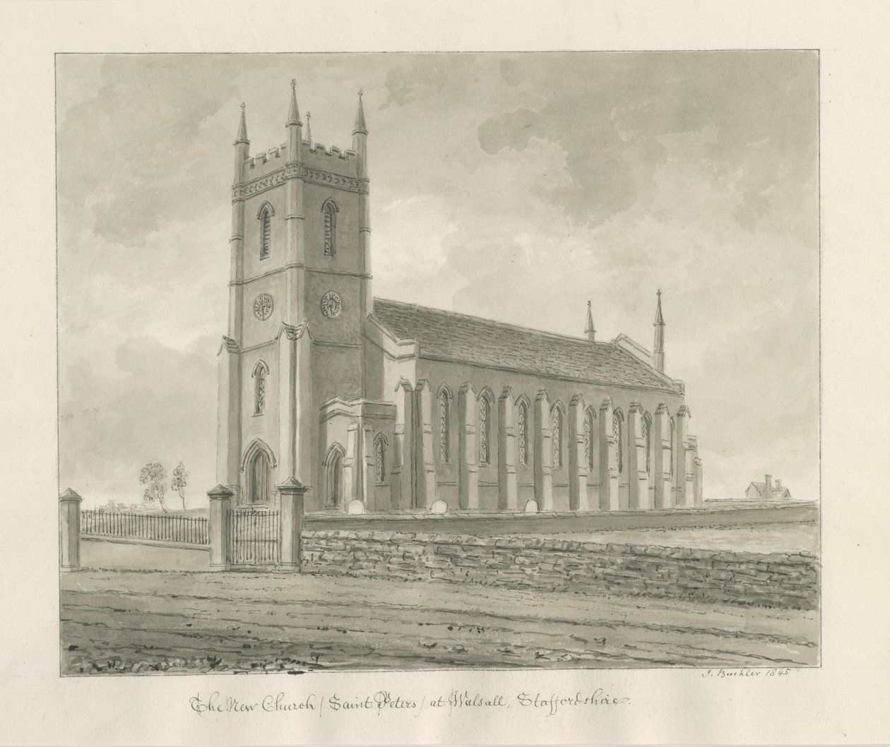 Igreja Walsall [&39;Novo&39;]: desenho em sépia de John Buckler