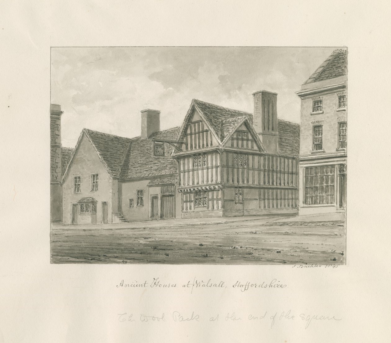 Cidade de Walsall - Casa Antiga: desenho em sépia de John Buckler