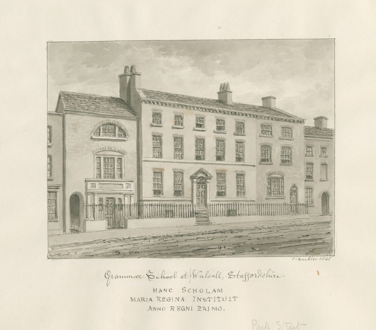 Walsall Town - Grammar School: desenho em sépia, 1845 de John Buckler