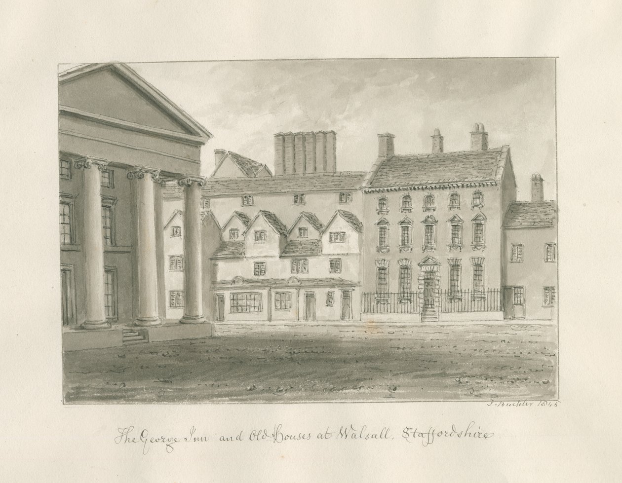 Walsall Town - The George Inn: desenho de lavagem sépia de John Buckler