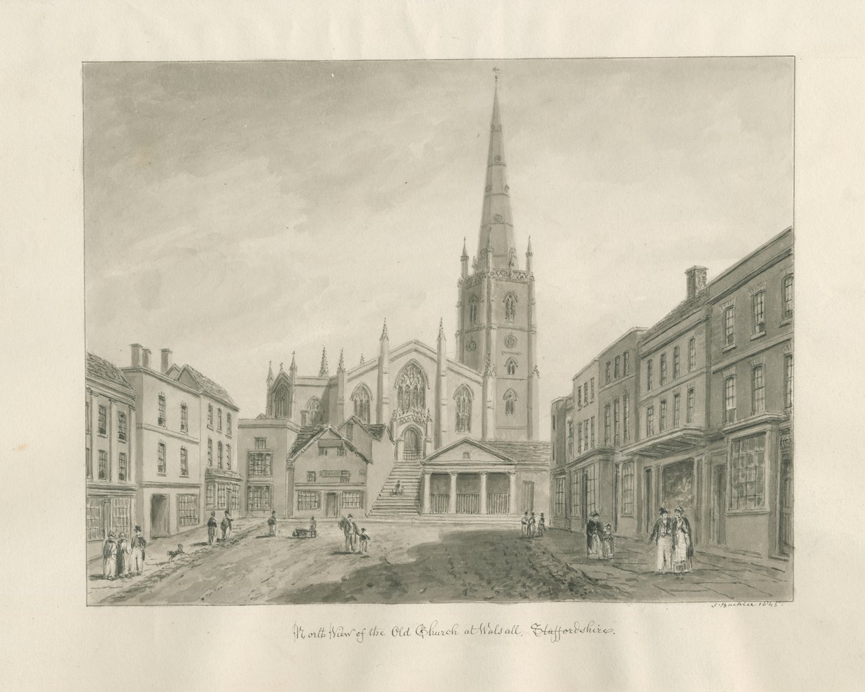 Walsall Town and Church: desenho de lavagem sépia de John Buckler