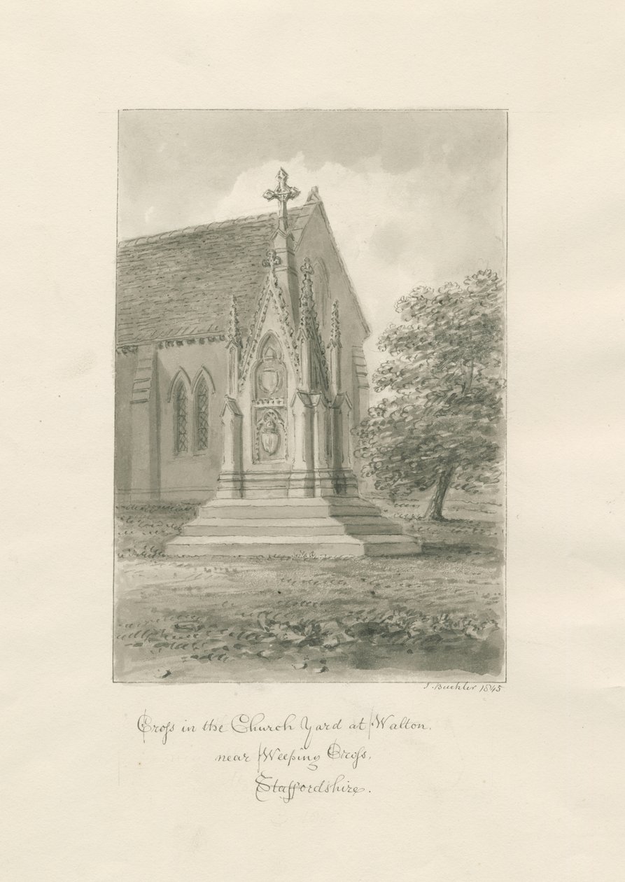 Igreja de Walton-on-the-Hill - Cruz da igreja: desenho sépia de John Buckler