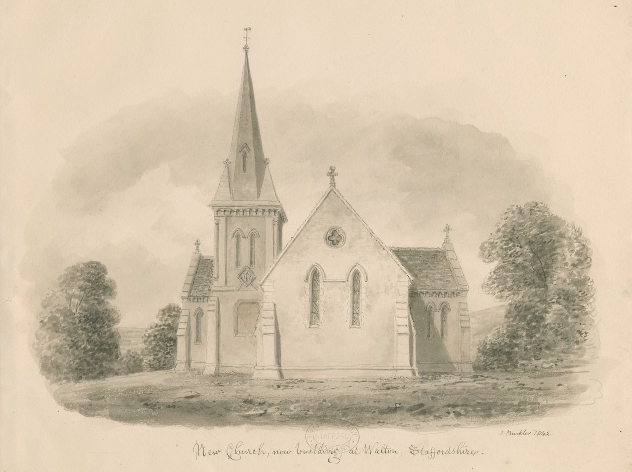 Igreja Walton-on-the-Hill: desenho sépia, 1842 de John Buckler