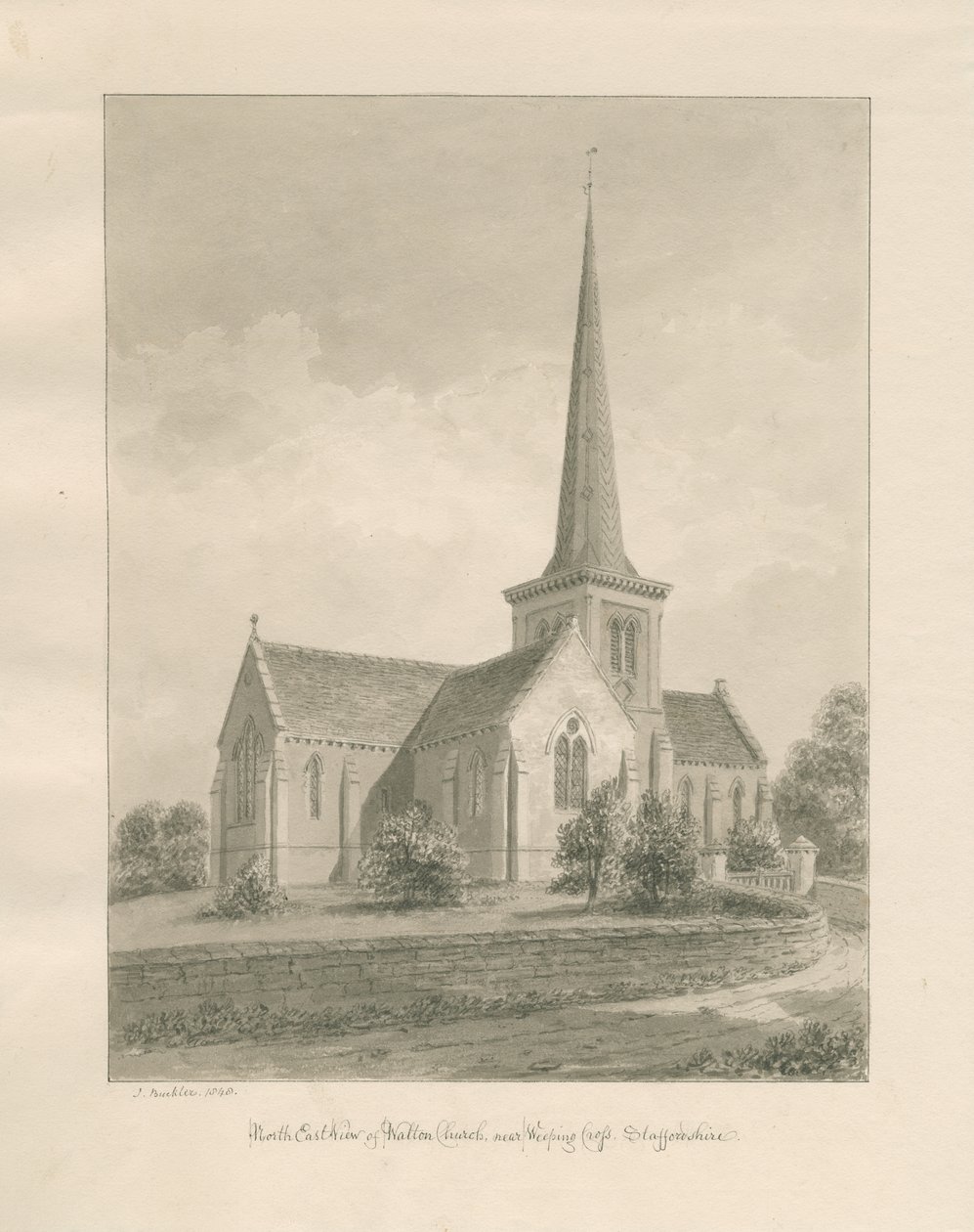 Igreja Walton-on-the-Hill: desenho de lavagem sépia de John Buckler